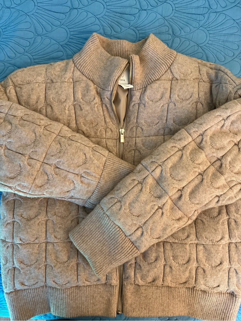 Joie Taupe Cable-Knit Zip Cardigan Sweater